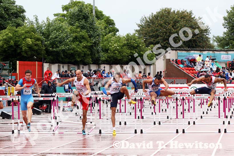 From left to right: Sergey Shubenkov (Russia), Artur Noga (Poland), Pascale martinot Lagarde (France) Konstadinos Douvalidis (Greece) and William Sharman (GB) in the 110 metres hurdles at the European Athletics Team Championships.